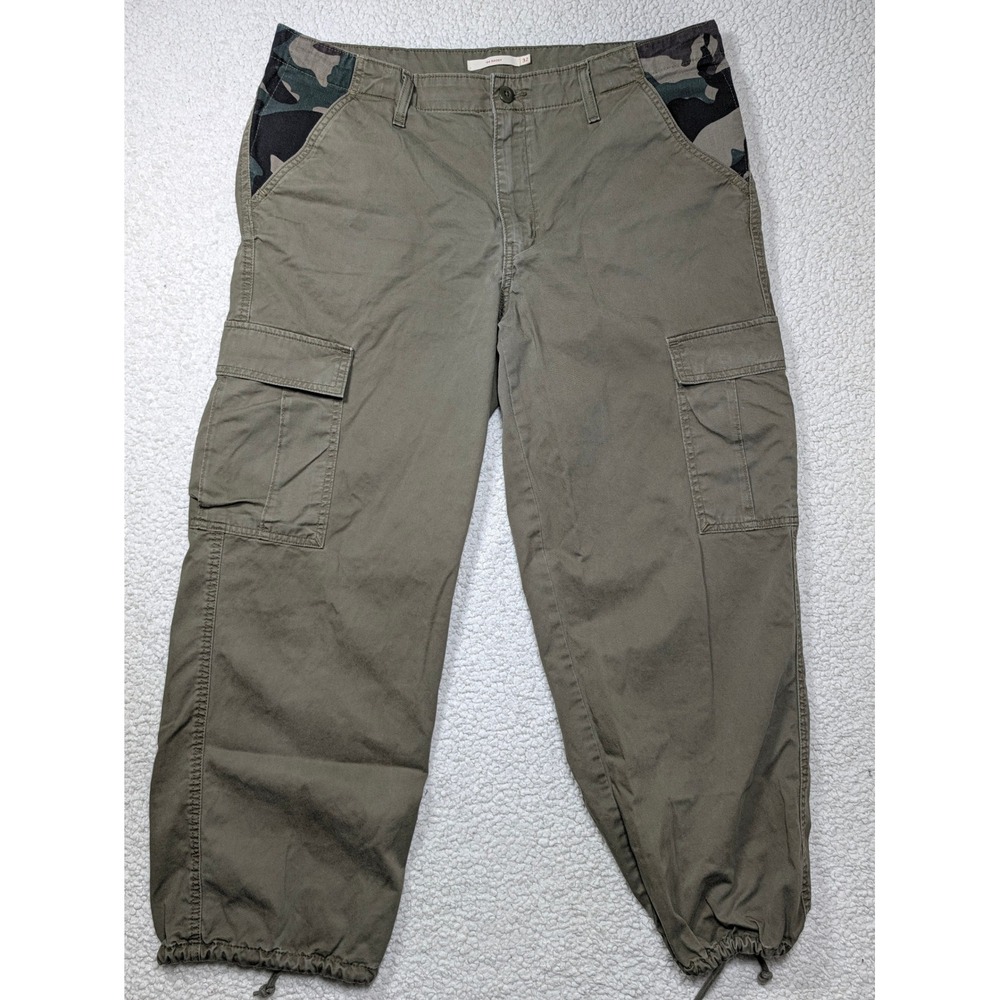 Levis 94 Baggy Unisex Cargo Pants 32 Fit 38x28 Olive Green Camo Drawstring Cuff